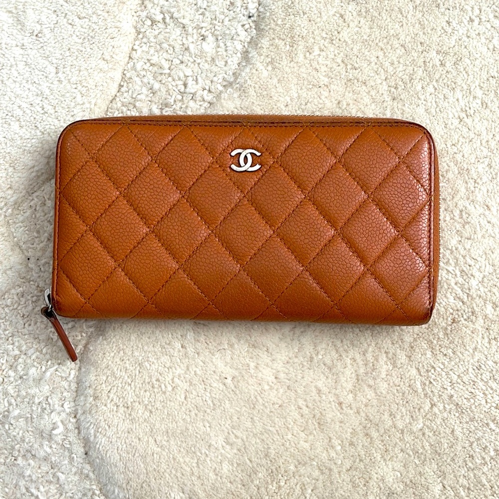 Chanel classic quilted zip wallet camel brown tan